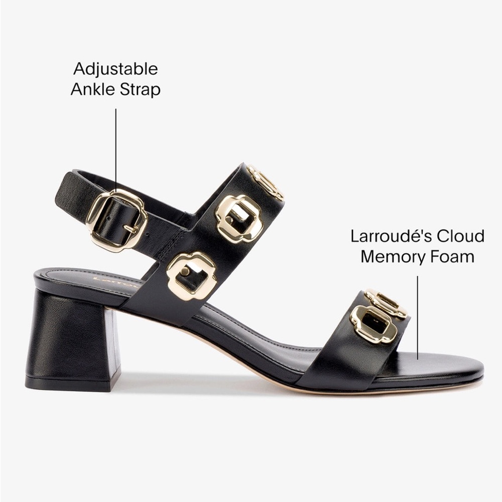 Larroude Milan Sandal In Black Leather with Gold Hardware - Picture 6 of 12